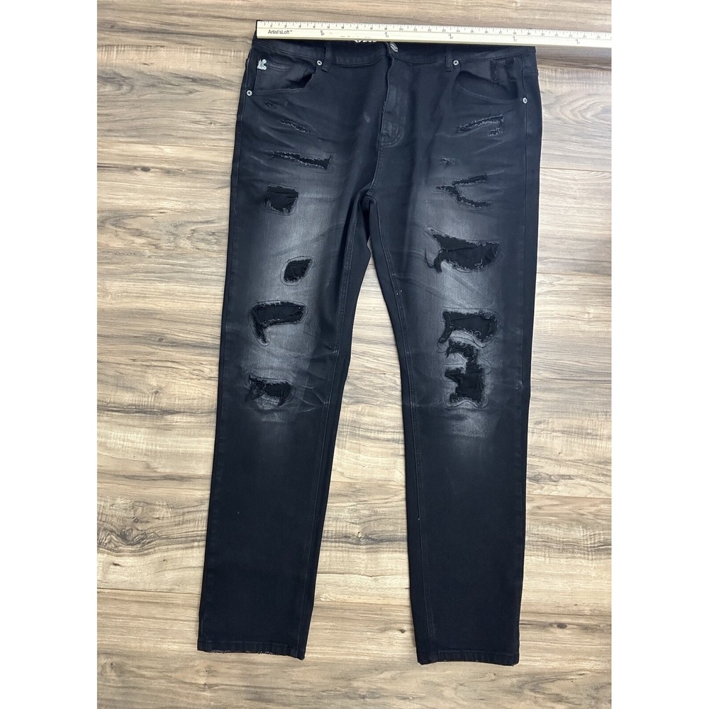 Grindhouse Denim Mens Straight Fit Jeans Size 40 Black With Covered Rips - Picture 2 of 10